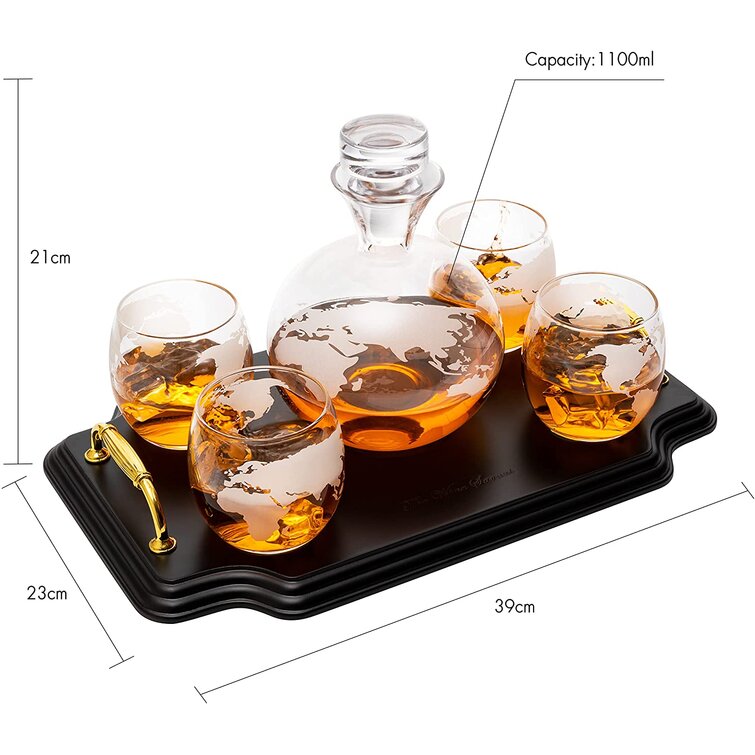 The Wine Savant Etched World Map Globe 5 Piece Whiskey Decanter